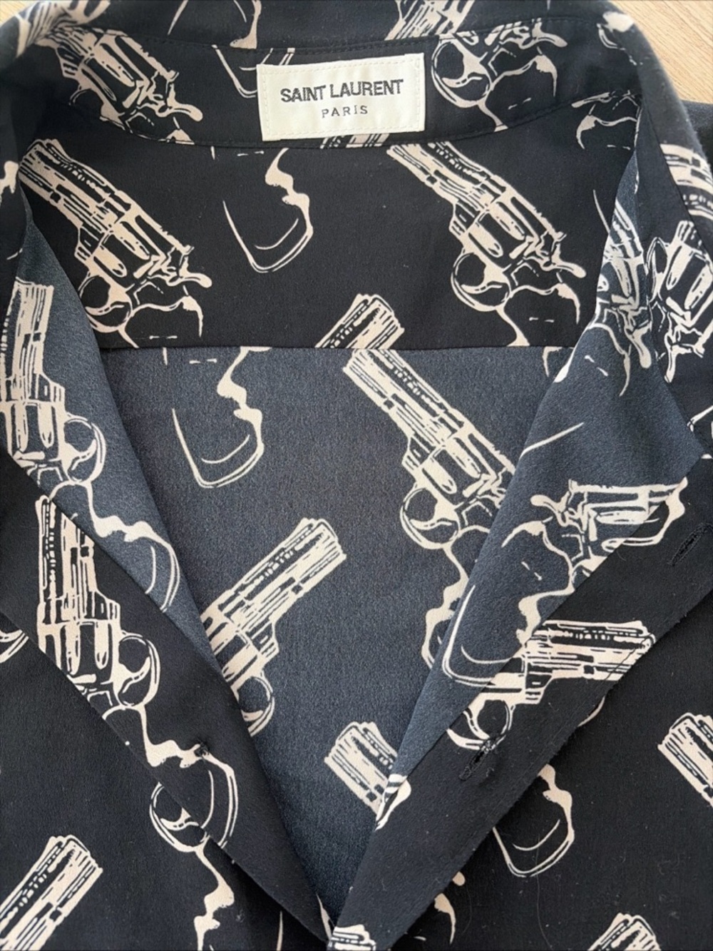 Saint Laurent SILK Black Button-Down Shirt with Ivory Revolver Print - Picture 3 of 9